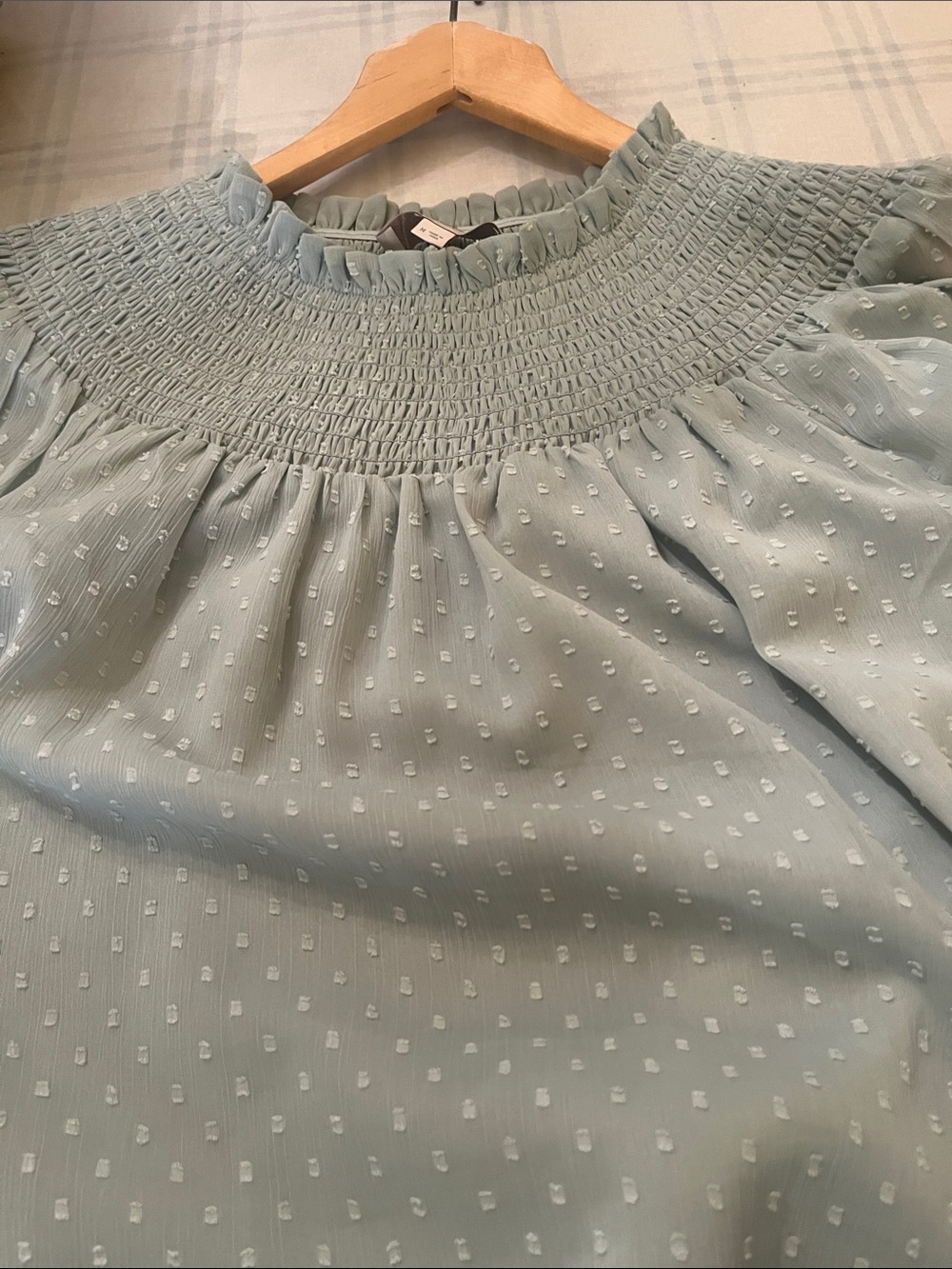 LOFT Light green Swiss Dot Smocked Yoke Blouse